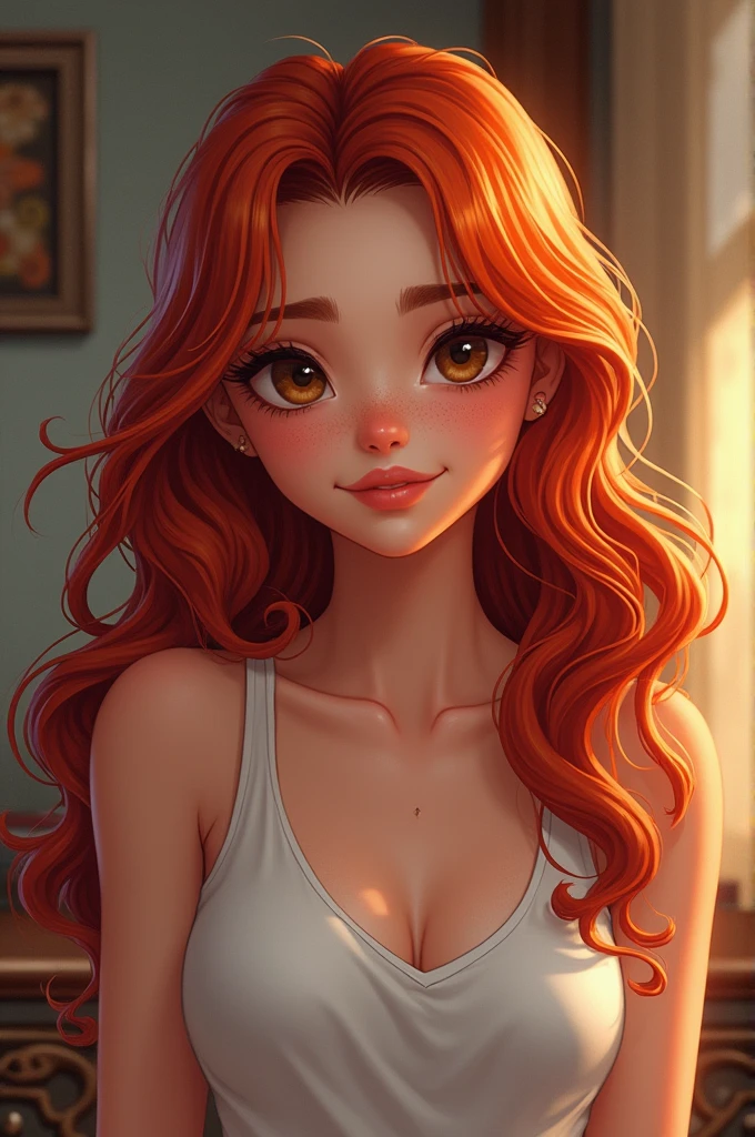 skini girl, yellow dress , (pale skin), blue eyes, white girl, deep red hair, ultra realistic, , large boobs, room background