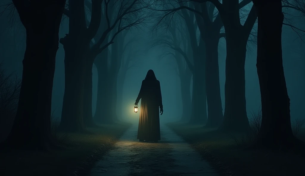 " A narrow trail in a deserted park at night ,  surrounded by tall trees that form a dark tunnel. At the center of the trail , a tall figure, thin and curved forward ,  with an almost human outline ,  is partially illuminated by a flickering lantern .  The environment is shrouded in shadows and silence ,  with a sense of something supernatural watching ."
