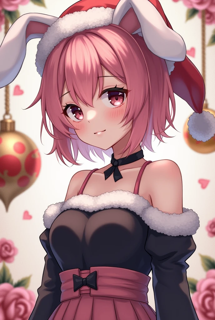 masterpiece, best quality, <lora:KomeijiSatori:1>,1girl, komeiji satori, pink hair, pantyhose, solo, hairband, short hair, breasts, sack, third eye, looking at viewer, pink eyes, dress, red footwear, v, from above, heart, collarbone, small breasts, boots, bare shoulders, black pantyhose, red dress, santa costume, detached sleeves, downblouse, snowing, snow, holding, alternate costume, bangs, christmas, blush, fur trim, black hairband, outdoors, heart hair ornament, long sleeves, sitting, green bow, full body, night, parted lips, hand up, short dress, hair ornament, cleavage, looking up, hair between eyes, eyeball, blurry, bell, arm warmers, bag