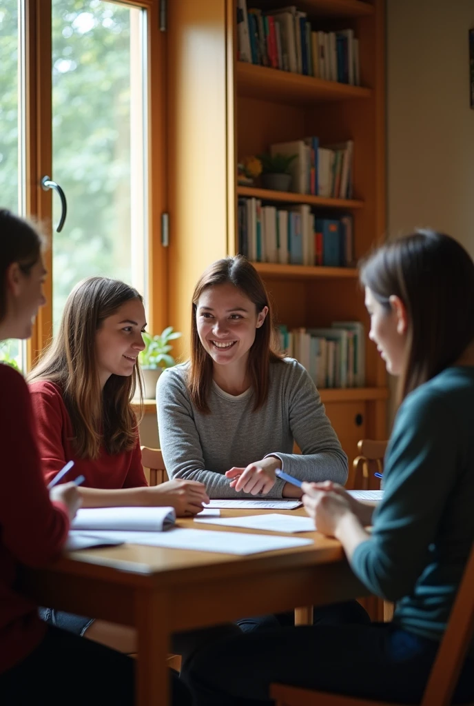 4. Language Class with Teacher and Students
Image: A small group of students practicing a language in a cozy classroom. The teacher could be helping with pronunciation or working through a language exercise.
Mood: Collaborative, interactive, and supportive.

