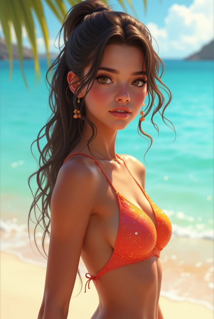 a beautiful woman in a bikini lying on the sand at sunset, sweaty body with sunburn marks on her breasts and buttocks, detailed facial features, long eyelashes, glowing skin, golden hour lighting, warm color tones, detailed sand texture, ocean waves in the background, photorealistic, 8k, high quality