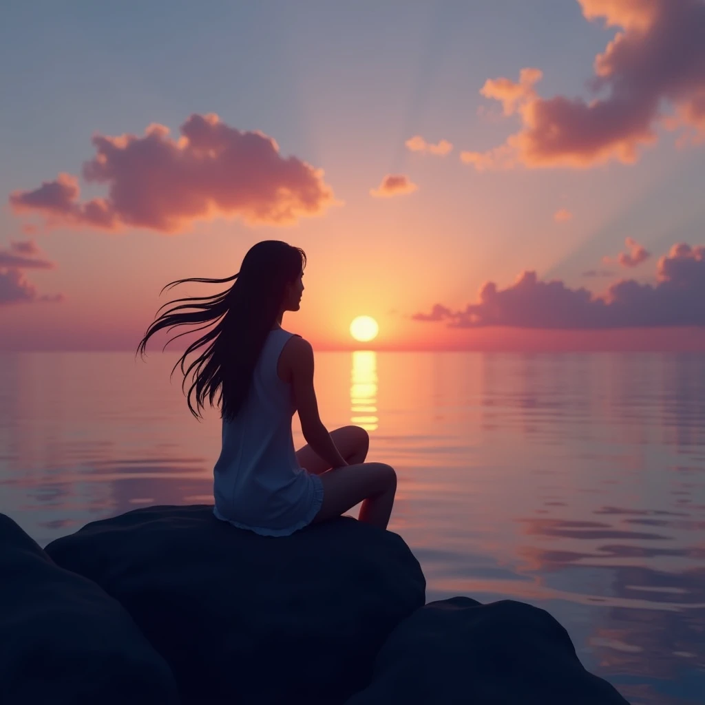 Beautiful lady with coiled hair，sitting in a meditation pose，Turn your back to the cross, Gaze at the beautiful horizon as the sun sets, Man has a deep connection with God, The landscape is super detailed, Surreal woman back, All good，It's beautiful, hyper qualit. 8K realism