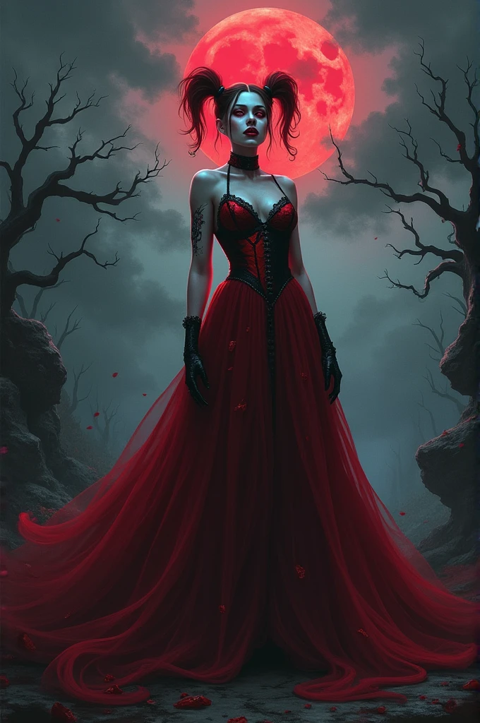 Create a spellbinding digital artwork depicting a mesmerizing woman exuding ethereal beauty beneath the bewitching glow of a blood moon on Halloween night.