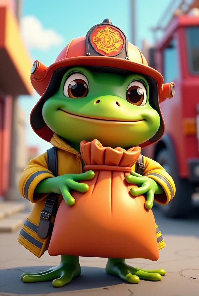 Create a dynamic and whimsical image of an anthropomorphic turtle dressed in full firefighter gear. The turtle is wearing a bright red fireman’s helmet, a yellow fire-resistant jacket with reflective stripes, and sturdy boots. It holds a fire hose, spraying water onto a blazing fire in front of it. The flames are vivid and dramatic, with smoke billowing into the sky. Despite the intense situation, the turtle’s expression is calm and focused, embodying both courage and determination. The background features elements of a city street, with buildings and fire trucks visible through the haze, adding context to the scene. The overall image should balance the seriousness of the firefighting task with the endearing, slightly humorous appearance of the turtle, creating a compelling and memorable visual