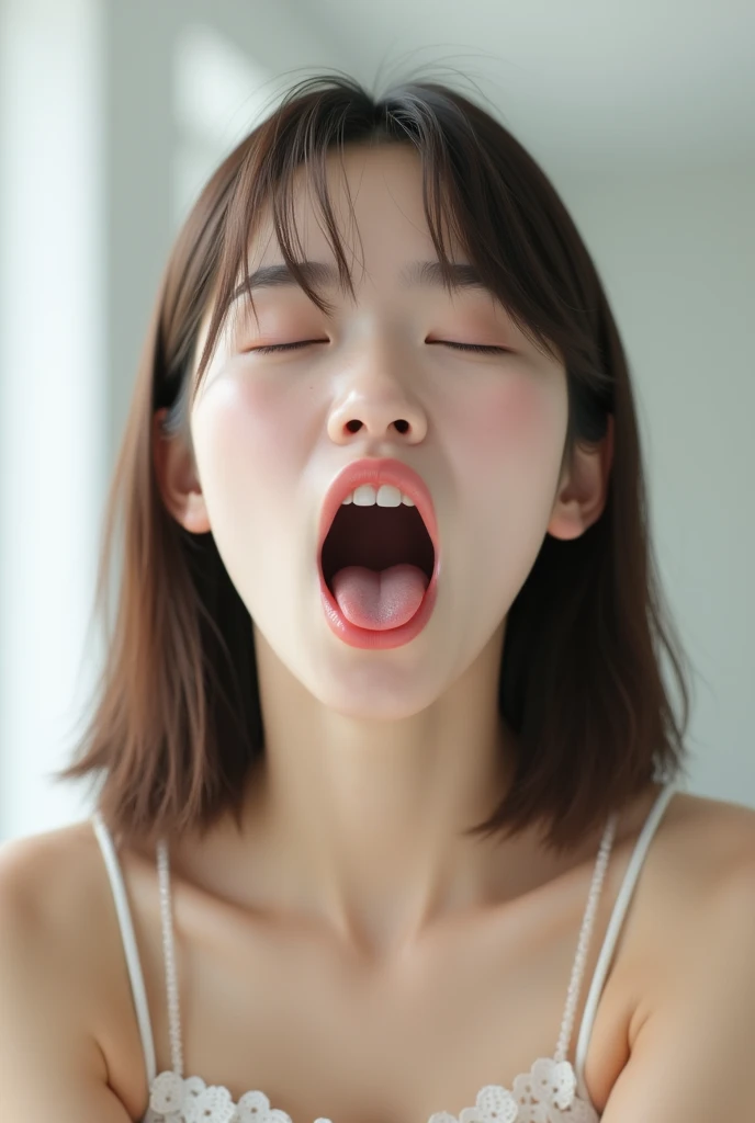    super high definition  。  reality。A headshot of an asian teenage girl with brown hair。 straight hair。 shirtless in the lobby。 Surprised, she closed her eyes, opened her mouth wide, and stuck out her tongue。Pure White Room