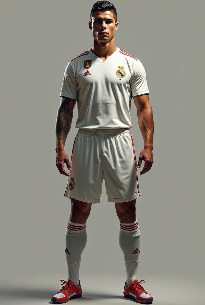 create an image of a man, wearing a Real Madrid shirt, with the name "Josué" number 8 (camera on the left side) and kicking the ball with his right leg (ultra realistic) (no beard and no tattoo)