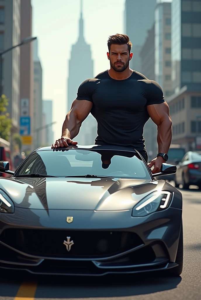 masterpiece, best quality, high resolution, male focus, focus alone, muscular,Swelling of chest muscles, Burly, hairy, male, Handsome man,rough real skin,Slim shorts,Big bulge,Prominent J8,Mechanical, Mechanical's outfit,Many high-end sports cars,Sitting on the car, Long legs,Bright Light,large garage,sweat, amazing composition, Front view, HDR, Volumetric Lighting, Ultra-high quality, elegant, Very detailed