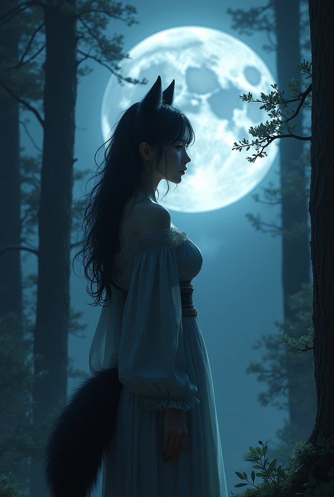 Back view、Confession Under the Full Moon、RAW Photos、(Realistic)、(Super detailed)、(High resolution:1.37)、(masterpiece)、(Highest quality)、(8k)、(Ultra-Details)、Angle from below、(Perfect Anatomy:1.3)、(Beautiful Eyes)、Beautiful and well-proportioned face、(Beautiful werewolf)、One girl、18-year-old、Turn around to look at the viewer、A confident smile、In the forest, illuminated by the full moon overhead、The transformation from human to werewolf has begun.、Wolf Ears、A wolf&#39;s tail grows out from its tailbone、(The entire outfit is made of brown, hairy fur.)、The bra has fur only on the front of the chest, and no straps or metal parts.、Fur Arm Covers、Fur knee-high boots、Fur pants、A mystical transformation scene unfolds in a lush, enchanting forest, bathed in the soft, ethereal glow of the full moon.、Movie Scenes、magical realism、The women are amazingly beautiful、They have delicate features and a graceful, lithe body.、As the transformation progresses, it becomes difficult to stand upright and you may have to place your hands on trees or rocks or kneel on the ground.