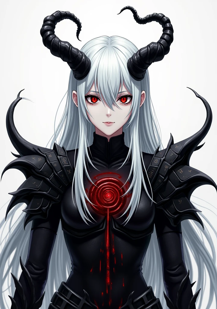A girl with ((red skin, long white hair, yellow eyes, sexy clothes, and medium breasts)). She also has ((red horns)). The colors of the image should be vivid, enhancing the fantasy style. The lighting should be dramatic, with high contrast and strong shadows. The image should be of the best quality, with a resolution of 4k or 8k, and it should be a masterpiece. The image should have a realistic look, with attention to detail. ((Sexy clothes))