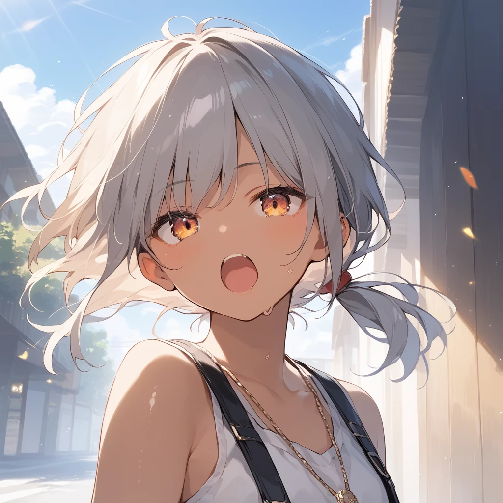 score_9, score_8_up, score_7_up, source_anime, best quality, masterpiece, official art, absurdres, highres, ultra-detailed,waifu2x,Collection: Slice of Life,break,1girl, tomboy, dark-skinned female, short hair, low ponytail, small breasts, beautiful detailed eyes, short shorts, sweat, open mouth, (yawn:0.3), sleepily, outdoors, wind,break,(clear line illustration:1.2), super detailed skin,very high resolution, very aesthetic, Best sexual lighting powered by famous artist, 8k,cute picture,beauty illustration,photoshop_(medium),,(Detailed Lighting),best anime 8k konachan wallpaper, pixiv contest winner,