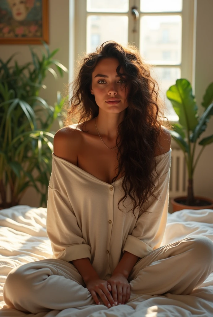 (photorealism:1.2), beautiful woman, sitting on bed, wearing loose off-shoulder top, pajama pants, long curly hair, indoors, soft lighting, plants in background, window with sunlight, cozy room, relaxed pose, realistic, intricate details, warm colors, by Greg Rutkowski, by Alphonse Mucha
