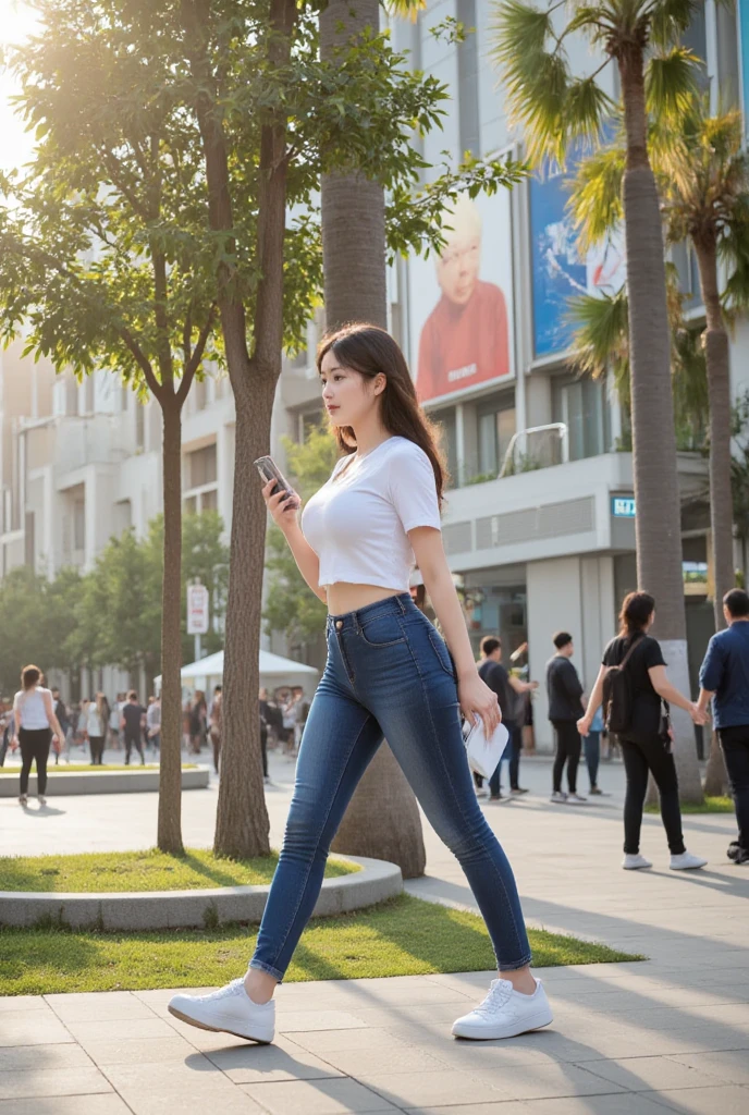 "Design a hyper-realistic half-body movie poster depicting a tall, stylish woman walking through a bustling park at a mall. Her modern crop top shirt and short hotpants jeans reflect contemporary Chinese street fashion. With her smartphone in hand, she confidently navigates the lively surroundings filled with people, trees, and modern architecture, all set under the warm afternoon light." camera take image from side