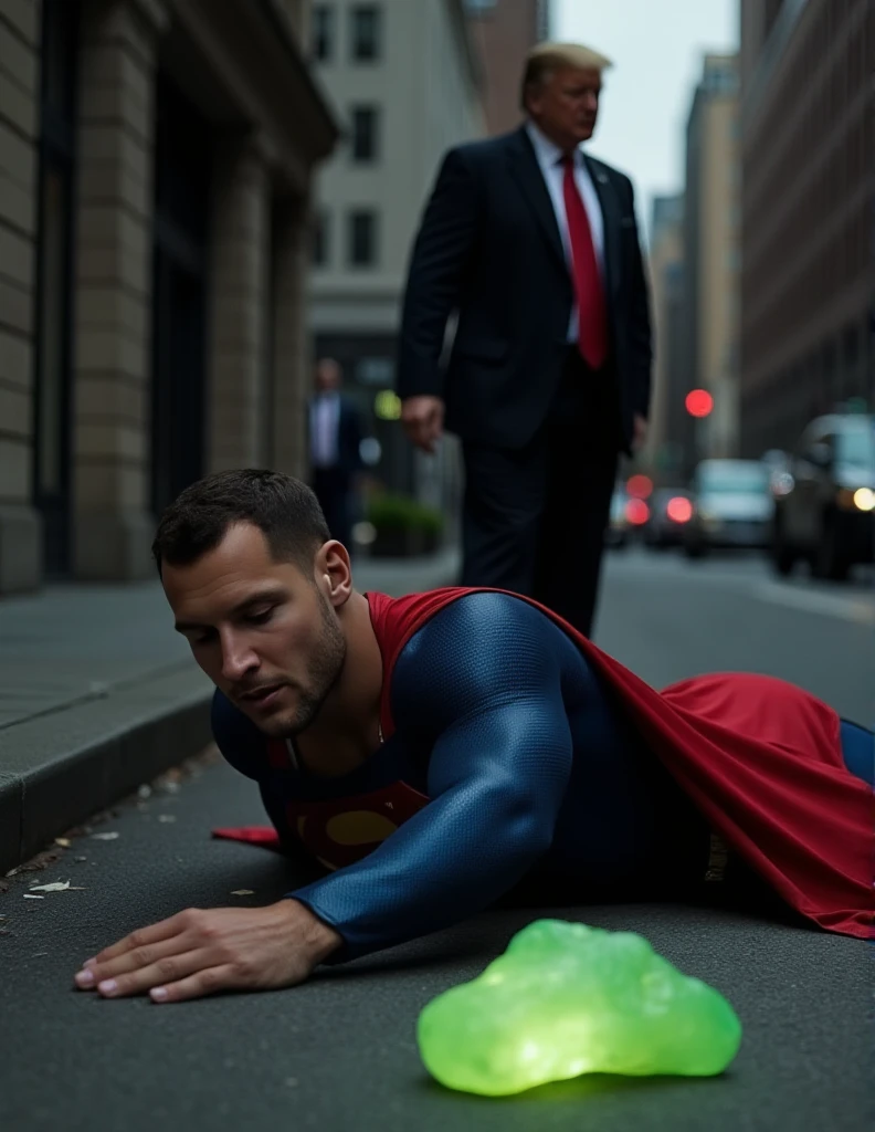 Superman is captured lying on the floor. He has short, slicked back hair. He has a well-defined jawline, he has a Sexy and pained expression, his eyes are closed, suggesting he is unconscious or incapacitated. Near him is a glowing green crystal, probably kryptonite, that emits a bright light. on a city street

A buff handsome man in a superman costume (think movie version of Superman-black undercut, blue tights and red cape and red boots and red briefs) .full body photo

The background creating a dramatic and intense atmosphere.  US President Trump in a dark suit can be partially seen observing the scene.