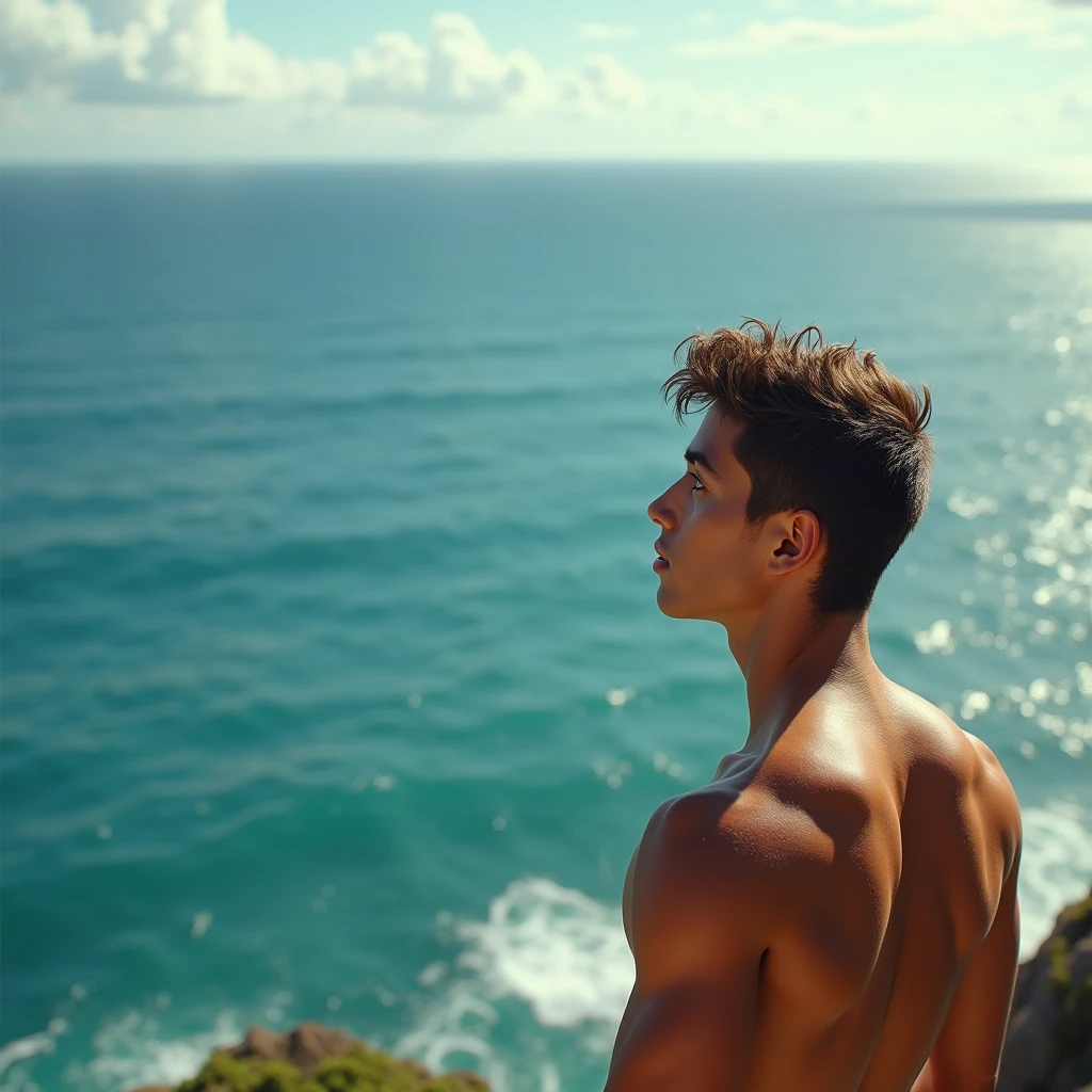 Painting of young muscular man standing on the beach watching sunset. The backlight turns the young man into a black shadow. The young man is a high school student with long bangs, wearing thong underwear, showing his large muscular round butt. anime, Makoto Shinkai Cyril Roland, inspired by Cyril Roland, animated art wallpaper 4k, sky blue and peach gradient. Seagulls are flying. Beautiful delicate touch illustration.