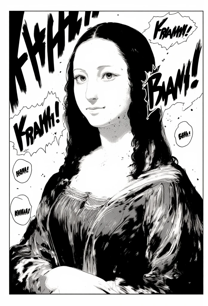 A black-and-white manga-style portrait inspired by the Mona Lisa, featuring an enigmatic character with striking, bold lines and detailed shading. The character’s expression is mysterious, with eyes wide open and a subtle smile, giving a sense of depth and intrigue. The figure wears a simple, elegant outfit, but the focus is on the powerful manga-style inking and dramatic contrast. In the background, exaggerated sound effects like "KRRSHH!" or "BAM!" are incorporated in bold, dynamic lettering, adding a touch of intensity. The overall composition emphasizes stark black and white contrasts, with strong outlines and dramatic shading, typical of classic manga with a modern twist.