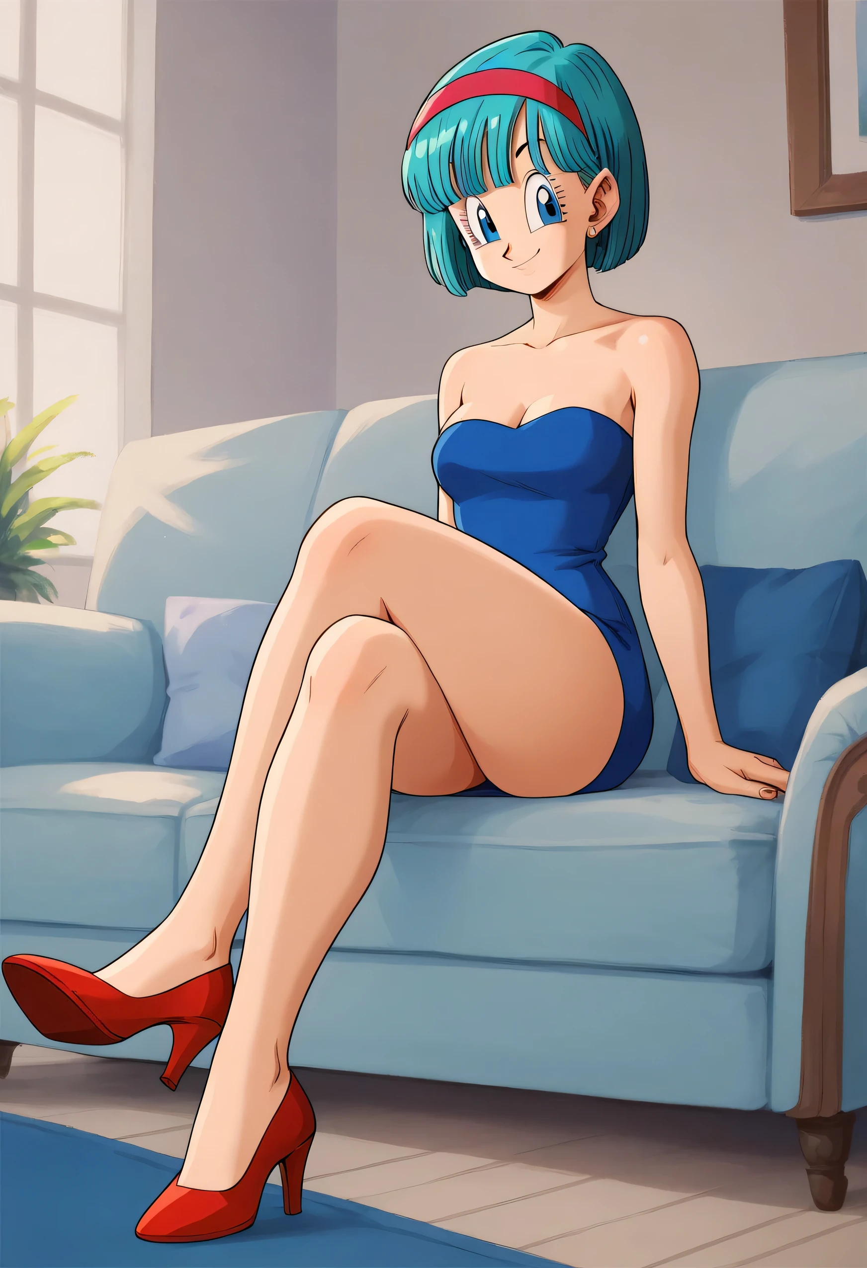 Bulma, Short hair, pelo aguamarina, bob cut, red hairband, Blue eyes, bare shoulders, strapless, medium breast, a strapless blue tube dress, cleavage, sitting on a sofa, full body, bare legs with red heels, crossed legs, smile, looking at viewers