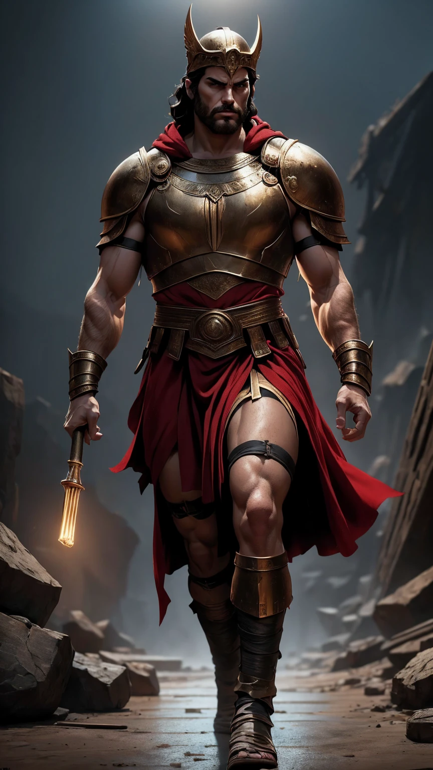 a 45 year old man, black hair, helmet ,prince of troy ,hector of troy, (best quality,4k,8k,highres,masterpiece:1.2),ultra-detailed,(realistic,photorealistic,photo-realistic:1.37),hyperrealistic,cinematic lighting,extremely detailed face and body,dramatic pose,epic scale,dramatic lighting,dark moody colors,chiaroscuro lighting,dramatic shadows, on the war, whole body, comic style, walking, in combat, show the feets