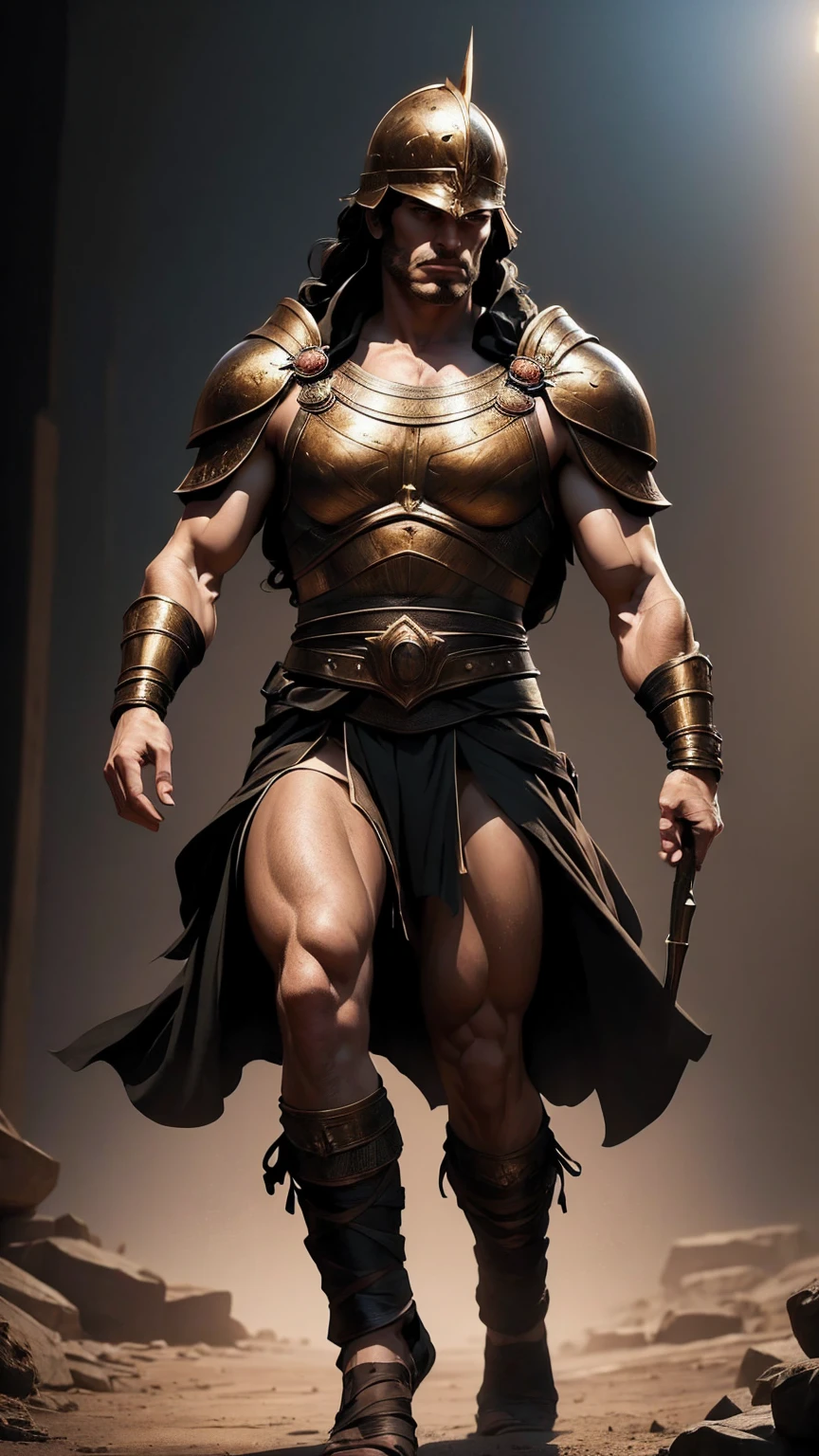 a 45 year old man, black hair, helmet ,prince of troy ,hector of troy, (best quality,4k,8k,highres,masterpiece:1.2),ultra-detailed,(realistic,photorealistic,photo-realistic:1.37),hyperrealistic,cinematic lighting,extremely detailed face and body,dramatic pose,epic scale,dramatic lighting,dark moody colors,chiaroscuro lighting,dramatic shadows, on the war, whole body, comic style, walking, in combat, show the feets