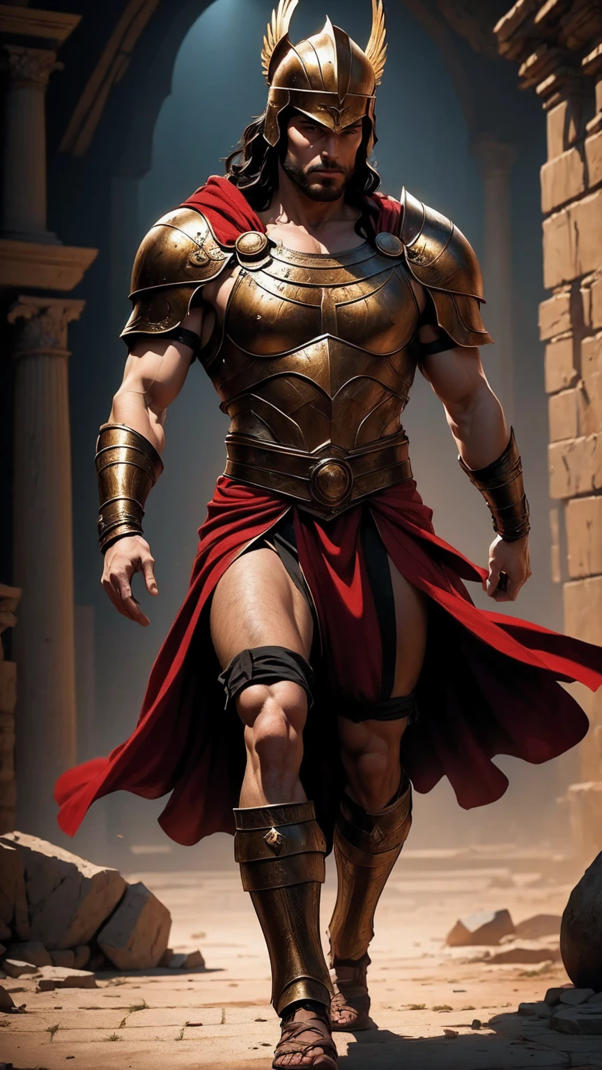 a 45 year old man, black hair, helmet ,prince of troy ,hector of troy, (best quality,4k,8k,highres,masterpiece:1.2),ultra-detailed,(realistic,photorealistic,photo-realistic:1.37),hyperrealistic,cinematic lighting,extremely detailed face and body,dramatic pose,epic scale,dramatic lighting,dark moody colors,chiaroscuro lighting,dramatic shadows, on the war, whole body, comic style, walking, in combat, show the feets