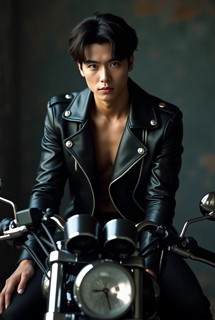 A young handsome beautiful slim shirtless white leather pants black leather in a large suit with a dragon statue behind with playful eyes