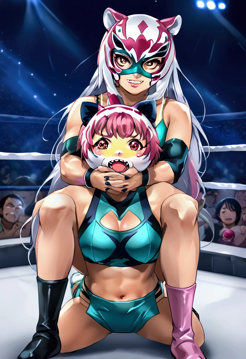 First Female Pro Wrestler 、The ring name is pink tiger mask female、 I'm a Japanese Mask Dressler 。 I'm a popular idol wrestler in the female pro wrestler 。 so cute。 I have a title match with a rival wrestler 。The camel clutch was decided from behind by the second villain wrestler