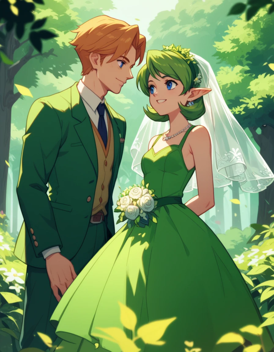 score_9,score_8,score_7,score_8_up,score_7_up,score_6_up, source_anime, anime screencap, saria, wedding, green dress, forest, smile