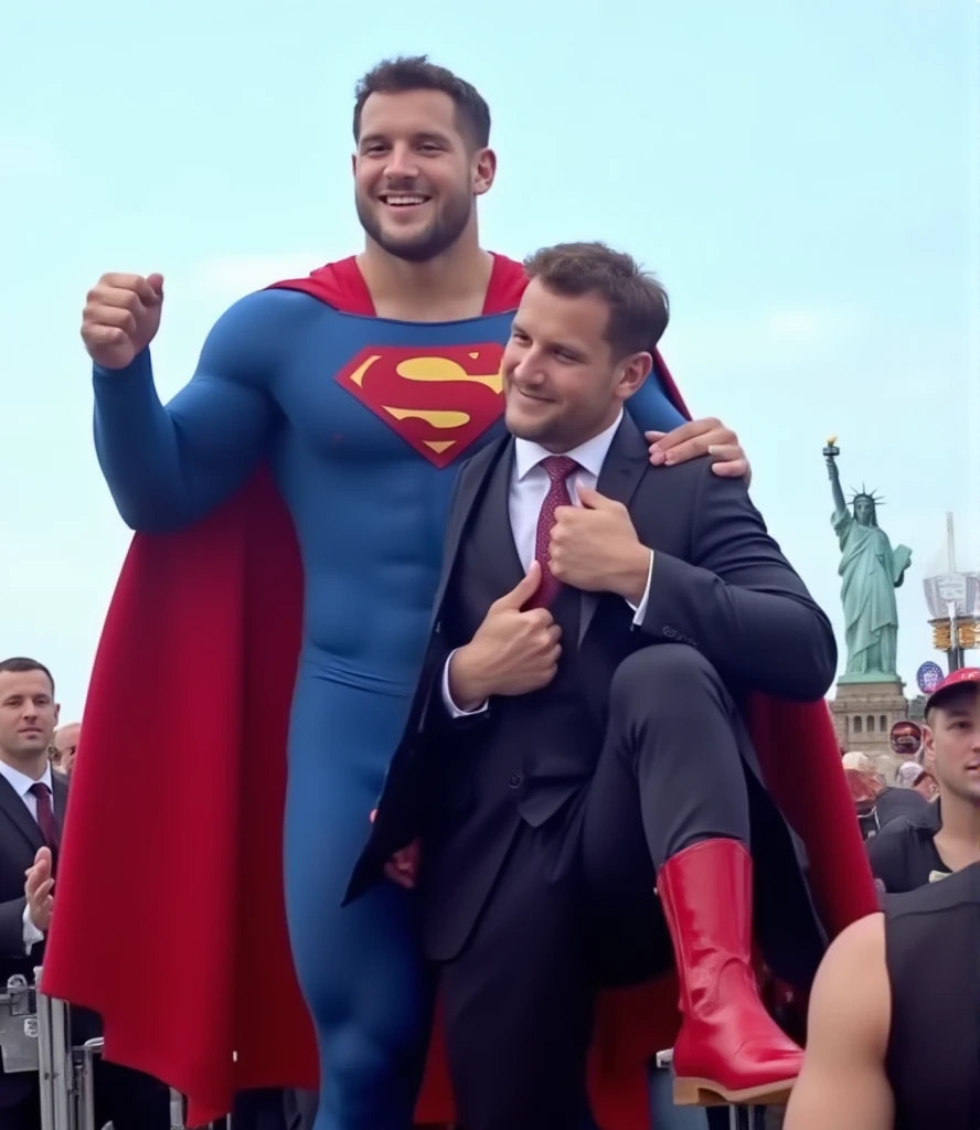 Superman,a 30-year-old Nick Bosa, attractive, class blue Superman suit with muscle, (black undercut, blue tights and red cape and red boots and red briefs：0.8),16k,UHD, dslr, insane details, award-winning photo,HD.
Trump President of the United States wearing suit. Trump holds Superman in his arms and flies down from the sky. It was packed with voters celebrating Trump’s victory.
Superman was happy, his eyes to see Trump with love, and Trump whole body was limp as he was picked up by Superman. background is the Statue of Liberty .