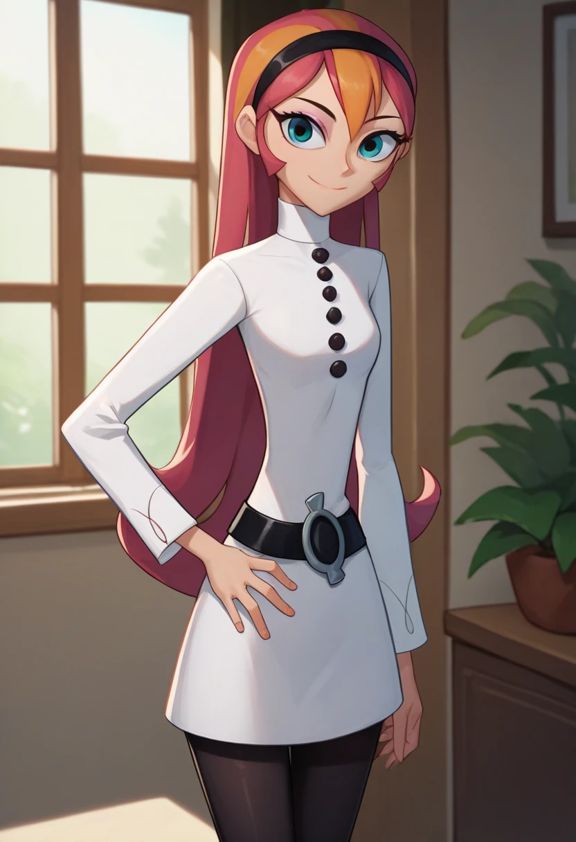 score_9, score_8_up, score_7_up, source_anime, cowboy shot, solo, 1girl, agentxero, makeup, smile, looking at viewer, standing, hand on own hip, black hairband, white dress, short dress, buttons, long sleeves, black belt, black pantyhose, indoors 