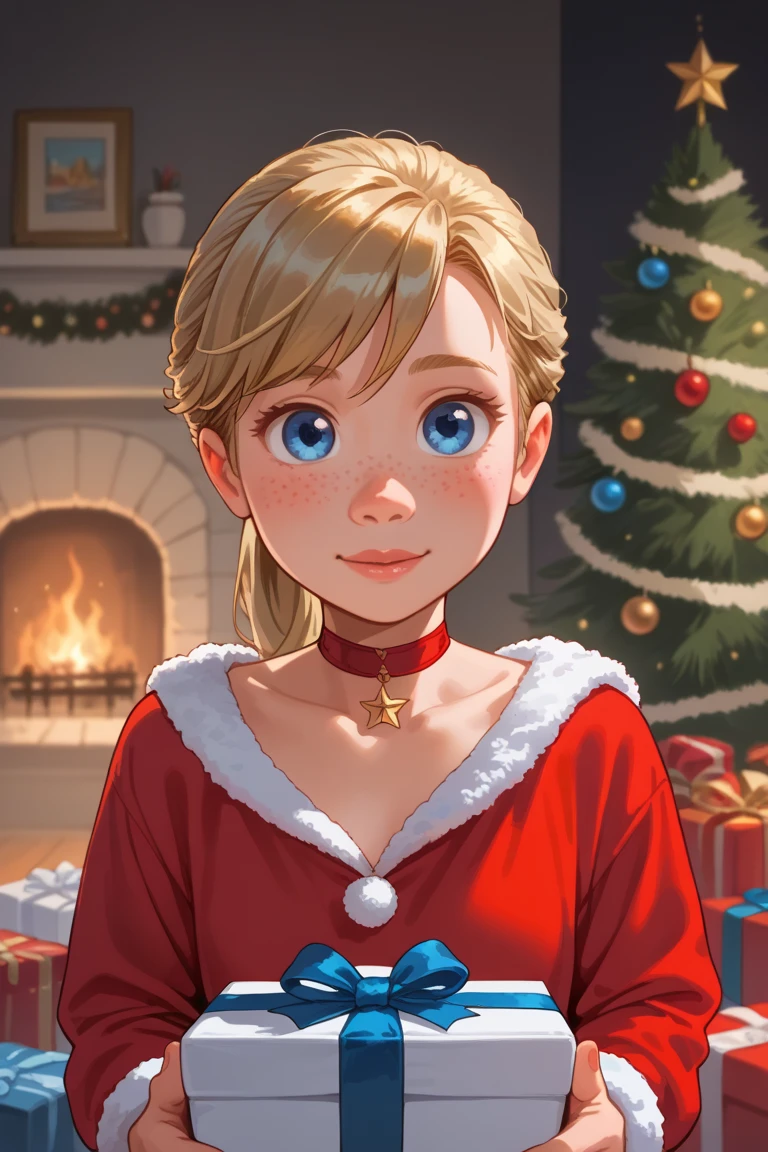 score_9,score_8,score_7, score_6,score_5,score_4,score_3_up, (((blonde ponytail hair)), blue eyes, christmas tree, christmas choker, presents, short red hair, cute freckles, sexy christmas outfit, dynamic sexy pose showing off 