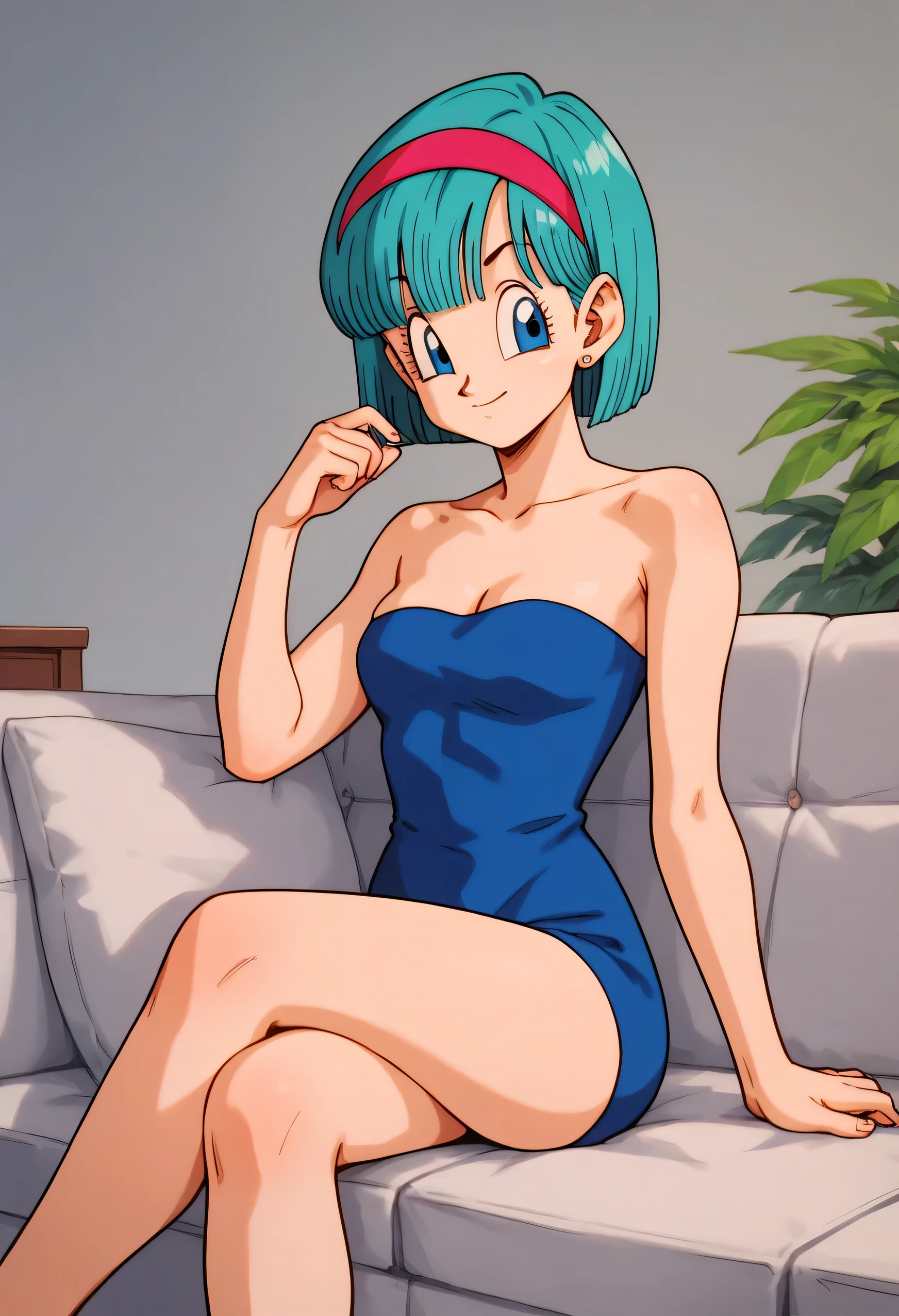 Bulma, Short hair, pelo aguamarina, bob cut, red hairband, Blue eyes, bare shoulders, strapless, medium breast, a strapless blue tube dress, cleavage, sitting on a sofa, upper body, crossed legs, smile, looking at viewers
