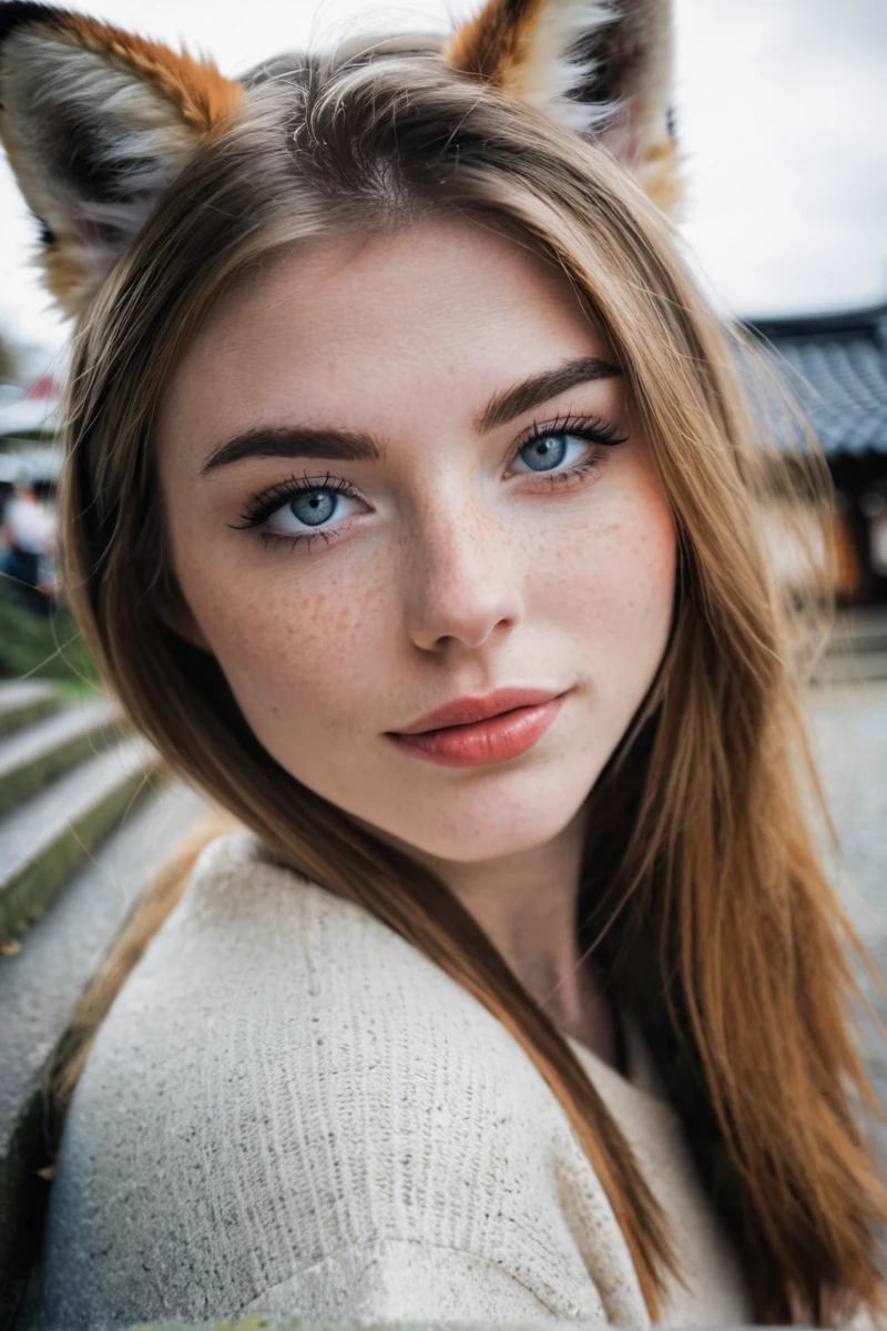 street photography, dull day, fox ears, kitsune, beautiful girl in her late 20s, teeth, black hair, blue eyes, pale skin, freckles, candid, sitting on steps in a shrine in japan, detailed face, detailed hair,  amateur style, (muted colors, cinematic, dim colors, soothing tones:1.2), vibrant, insanely detailed, hyperdetailed, (dark shot:1.2), (vsco:0.3), soft lighting, high quality, textured skin, detailed pupils, visible skin detail, skin fuzz, feminine expressions, blonde hair, dark blonde hair, medium breasts, thick thighs, realistic photo, young, cute, 18 years old, highly detailed, RAW photo,  skin pores, skin fuzz, vellus hairs, subsurface scattering