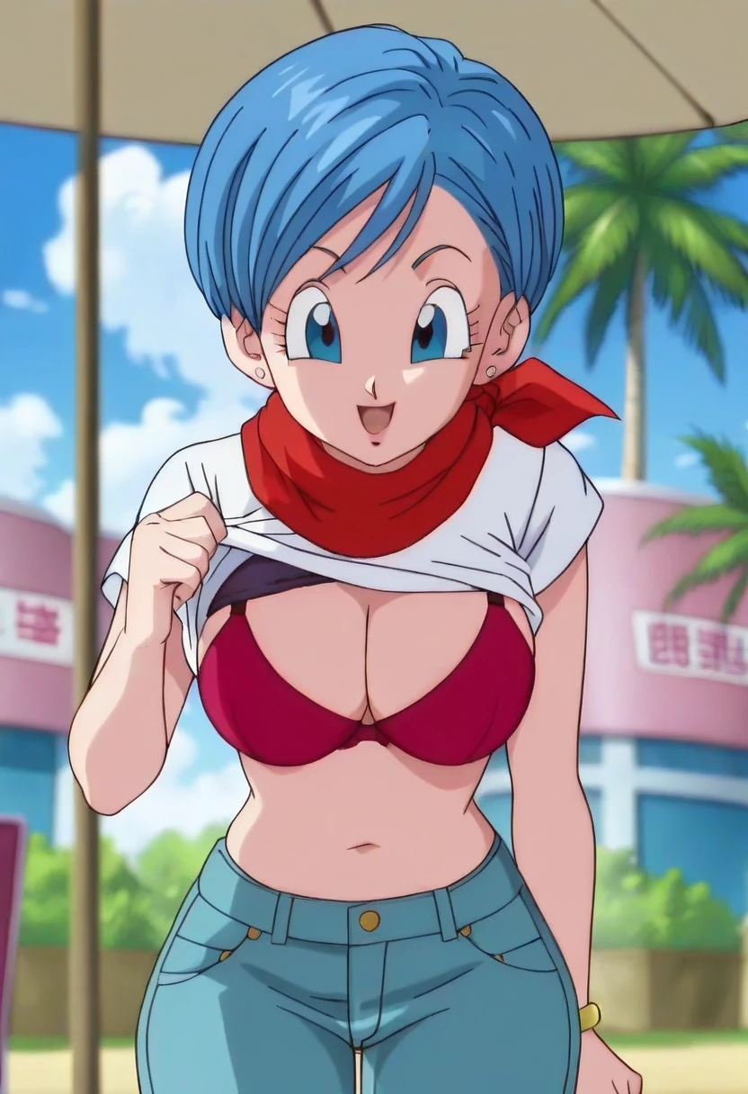 source_anime, score_9, score_8_up, score_7_up, anime screencap,8k, absurd res, 
bulma, 1girl, solo, breasts, smile, short hair, bowl cut,  open mouth, blue eyes, cleavage, jewelry, medium breasts, blue hair, white shirt, :d, earrings, outdoors, sky, day, cloud, blurry, tree, blue sky, red neckerchief, palm tree, official style, anime coloring, portrait, shirt lift, ((bra)), big breasts, blue jeans, (thick thighs)