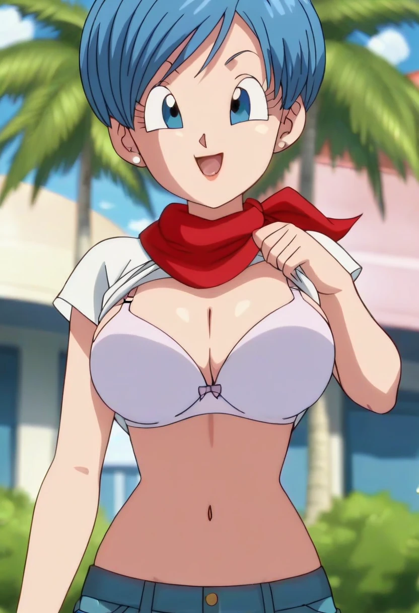 source_anime, score_9, score_8_up, score_7_up, anime screencap,8k, absurd res, 
bulma, 1girl, solo, breasts, smile, short hair, bowl cut,  open mouth, blue eyes, cleavage, jewelry, medium breasts, blue hair, white shirt, :d, earrings, outdoors, sky, day, cloud, blurry, tree, blue sky, red neckerchief, palm tree, official style, anime coloring, portrait, shirt lift, ((bra)), big breasts, blue jeans, (thick thighs)