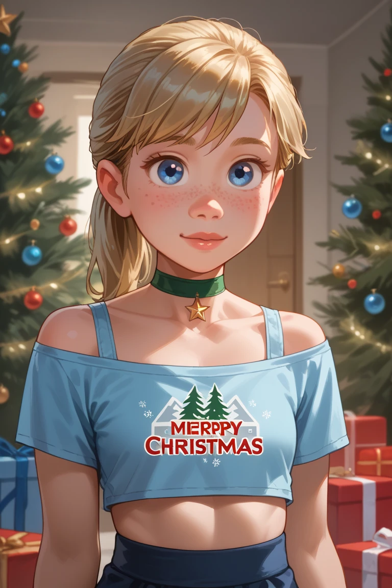 score_9,score_8,score_7, score_6,score_5,score_4,score_3_up, (((blonde ponytail hair)), blue eyes, christmas tree, christmas choker, presents, short red hair, cute freckles, sexy christmas crop top outfit, dynamic sexy pose showing off 