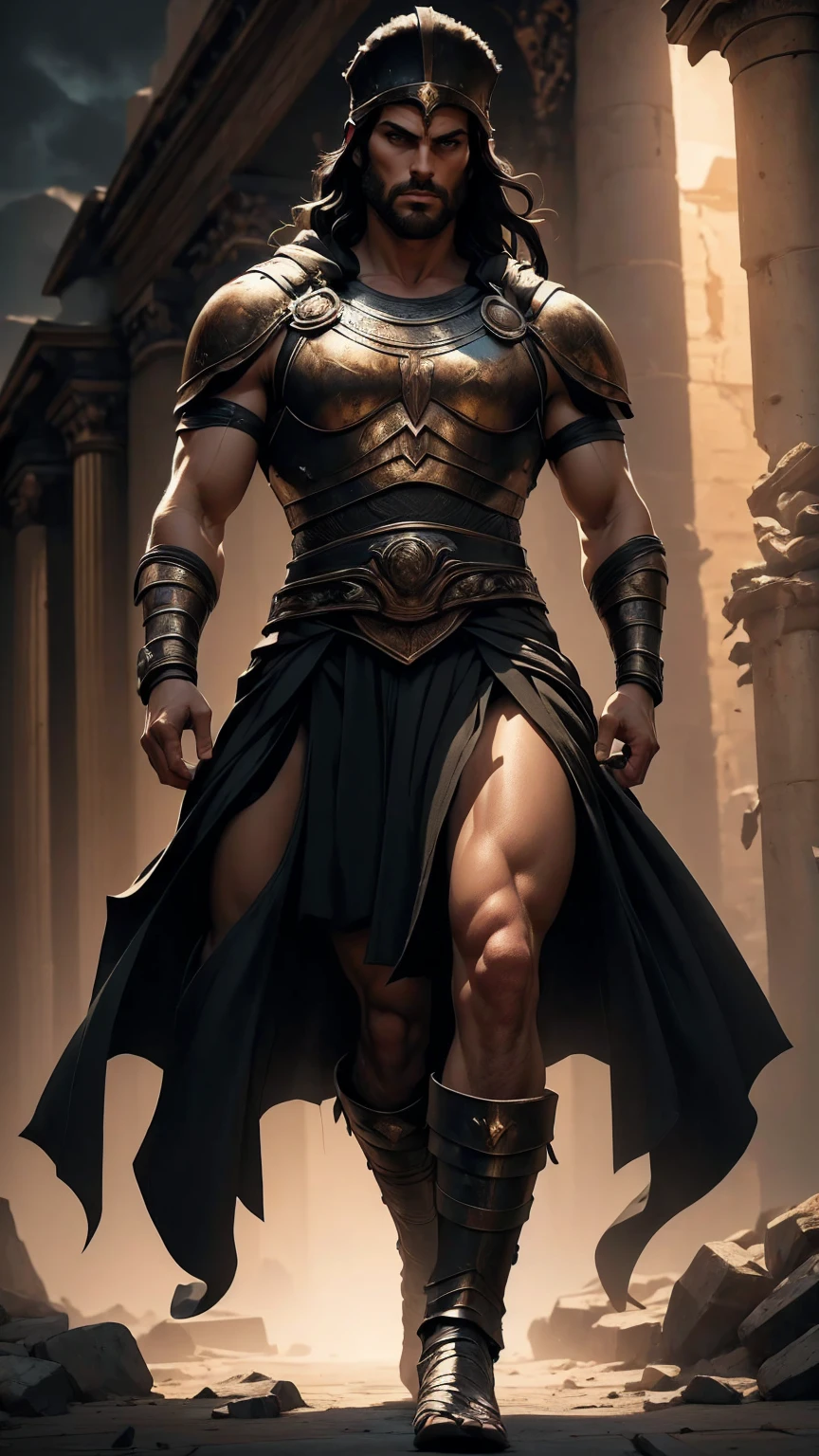 a 45 year old man, black hair, helmet ,prince of troy ,hector of troy, (best quality,4k,8k,highres,masterpiece:1.2),ultra-detailed,(realistic,photorealistic,photo-realistic:1.37),hyperrealistic,cinematic lighting,extremely detailed face and body,dramatic pose,epic scale,dramatic lighting,dark moody colors,chiaroscuro lighting,dramatic shadows, on the war, whole body, comic style, walking, in combat, show the feets