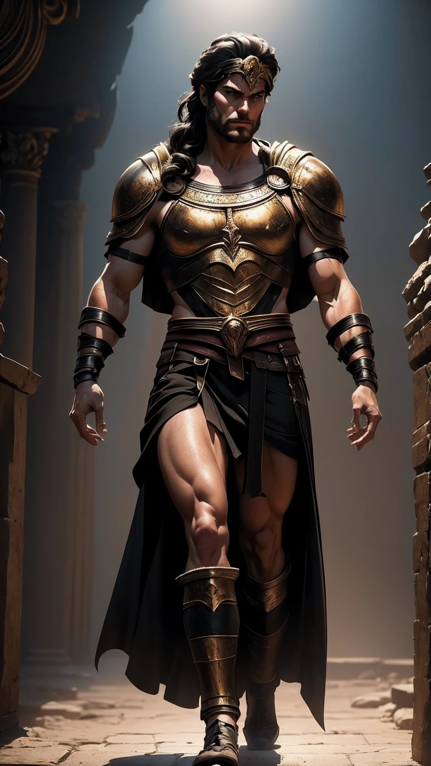 a 45 year old man, black hair, helmet ,prince of troy ,hector of troy, (best quality,4k,8k,highres,masterpiece:1.2),ultra-detailed,(realistic,photorealistic,photo-realistic:1.37),hyperrealistic,cinematic lighting,extremely detailed face and body,dramatic pose,epic scale,dramatic lighting,dark moody colors,chiaroscuro lighting,dramatic shadows, on the war, whole body, comic style, walking, in combat, show the feets