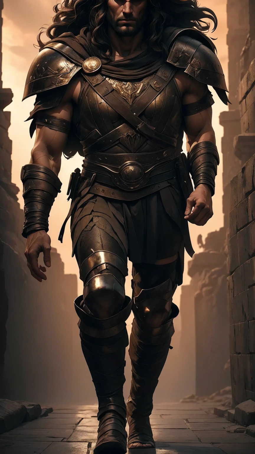 a 45 year old man, black hair, helmet ,prince of troy ,hector of troy, (best quality,4k,8k,highres,masterpiece:1.2),ultra-detailed,(realistic,photorealistic,photo-realistic:1.37),hyperrealistic,cinematic lighting,extremely detailed face and body,dramatic pose,epic scale,dramatic lighting,dark moody colors,chiaroscuro lighting,dramatic shadows, on the war, whole body, comic style, walking, in combat, show the feets


