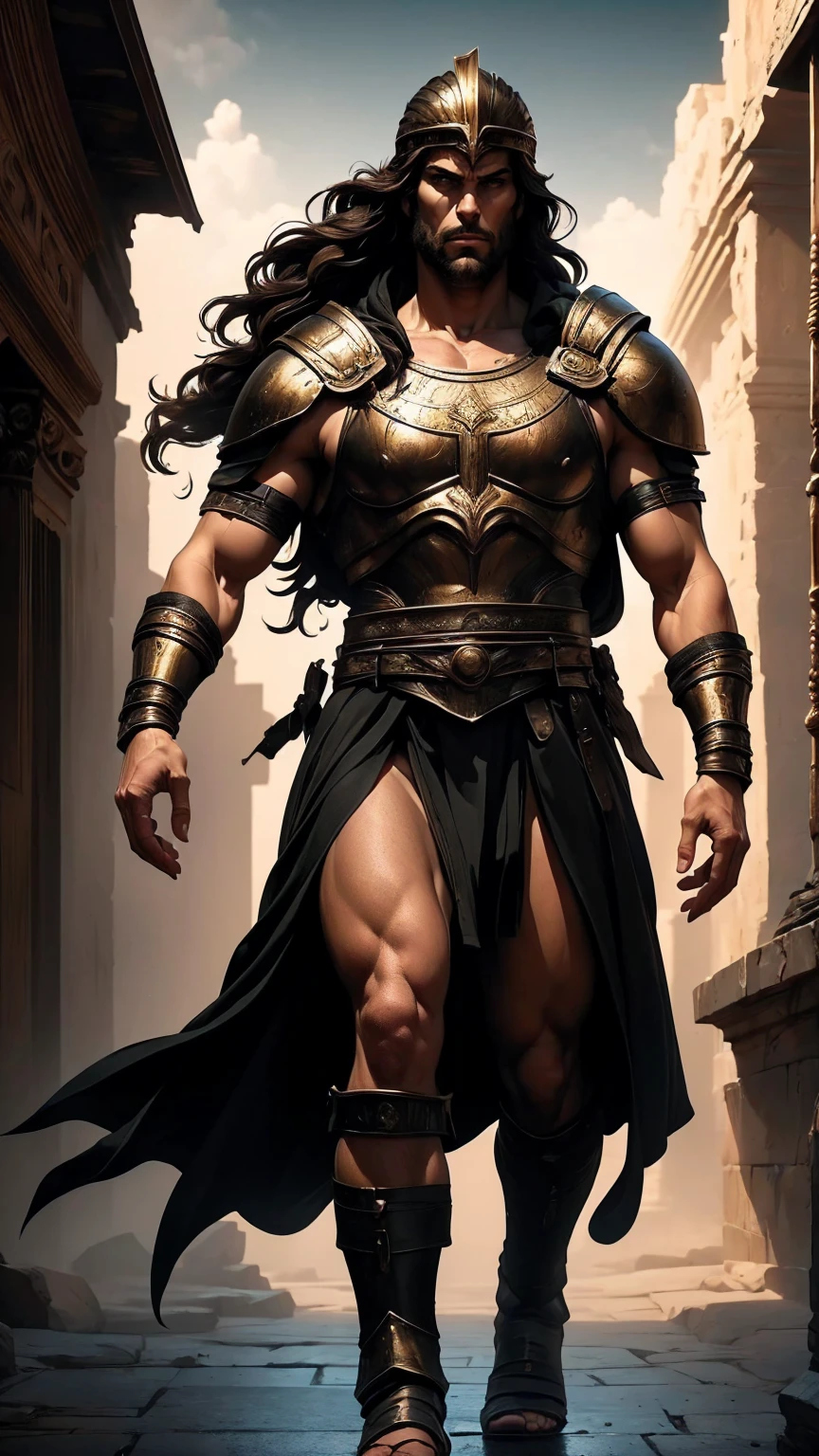 a 45 year old man, black hair, helmet ,prince of troy ,hector of troy, (best quality,4k,8k,highres,masterpiece:1.2),ultra-detailed,(realistic,photorealistic,photo-realistic:1.37),hyperrealistic,cinematic lighting,extremely detailed face and body,dramatic pose,epic scale,dramatic lighting,dark moody colors,chiaroscuro lighting,dramatic shadows, on the war, whole body, comic style, walking, in combat, show the feets