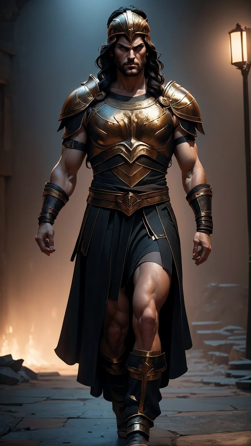 a 45 year old man, black hair, helmet ,prince of troy ,hector of troy, (best quality,4k,8k,highres,masterpiece:1.2),ultra-detailed,(realistic,photorealistic,photo-realistic:1.37),hyperrealistic,cinematic lighting,extremely detailed face and body,dramatic pose,epic scale,dramatic lighting,dark moody colors,chiaroscuro lighting,dramatic shadows, on the war, whole body, comic style, walking, in combat, show the feets