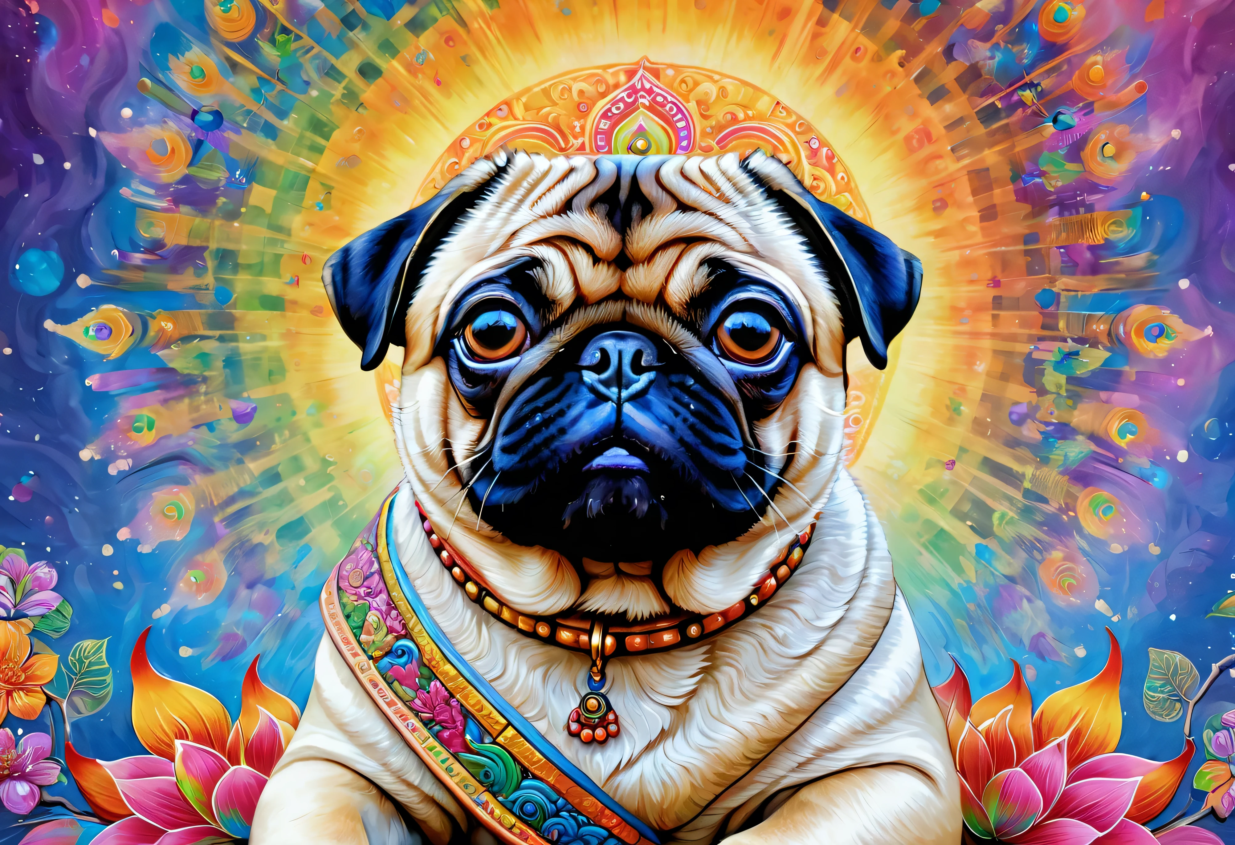  犬の絵 with a colorful face and eyes, BEAUTIFUL 4K ART , Detailed painting 4k, Gautama Buddha  wearing a painting , Rendered in high resolution, Vadim Kashin.  super real , in a  Picture of a pug ,  を着たゴータマ・ブッダ・チャイルド,  Gautama Buddha  wearing colorful and detailed ,  detailed 4k painting ,  Picture of a pug 