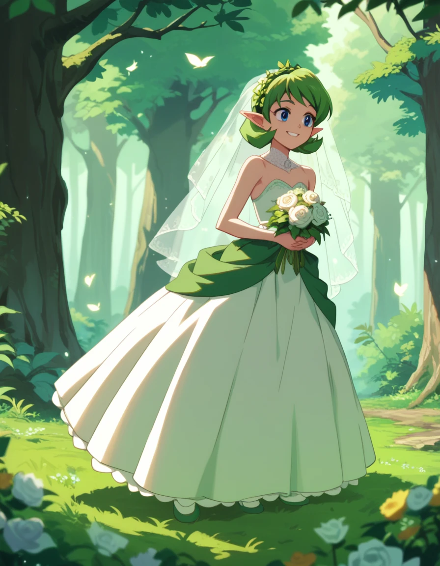 score_9,score_8,score_7,score_8_up,score_7_up,score_6_up, source_anime, anime screencap, saria, green wedding dress, 1girl, forest, smile