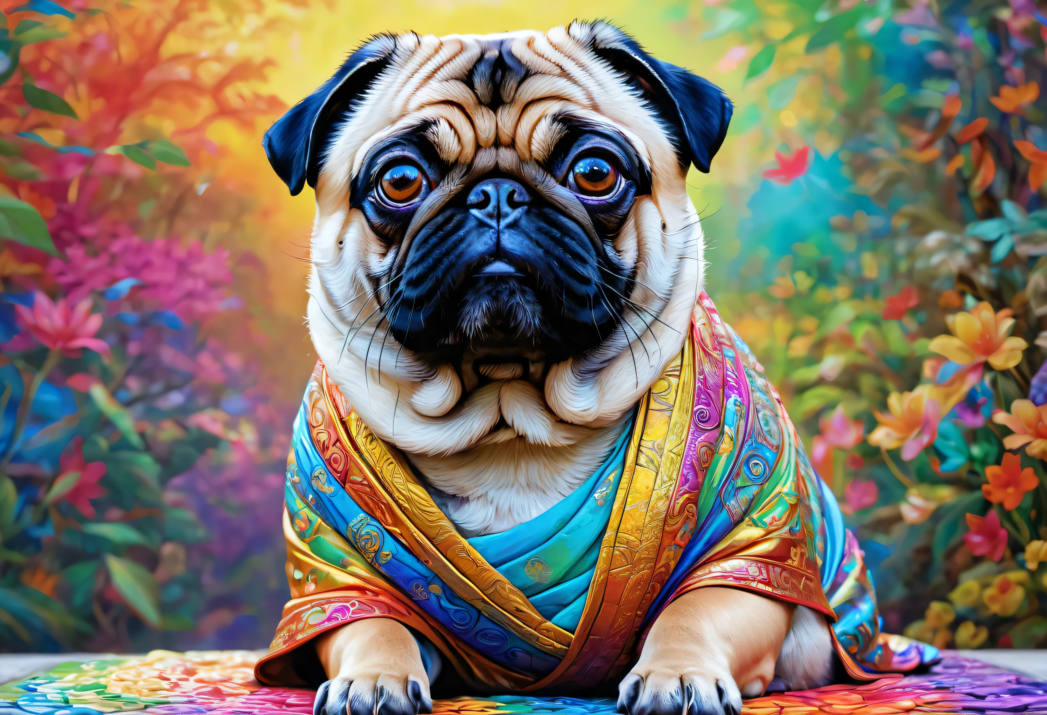  犬の絵 with a colorful face and eyes, BEAUTIFUL 4K ART , Detailed painting 4k, Gautama Buddha  wearing a painting , Rendered in high resolution, Vadim Kashin.  super real , in a  Picture of a pug ,  を着たゴータマ・ブッダ・チャイルド,  Gautama Buddha  wearing colorful and detailed ,  detailed 4k painting ,  Picture of a pug 