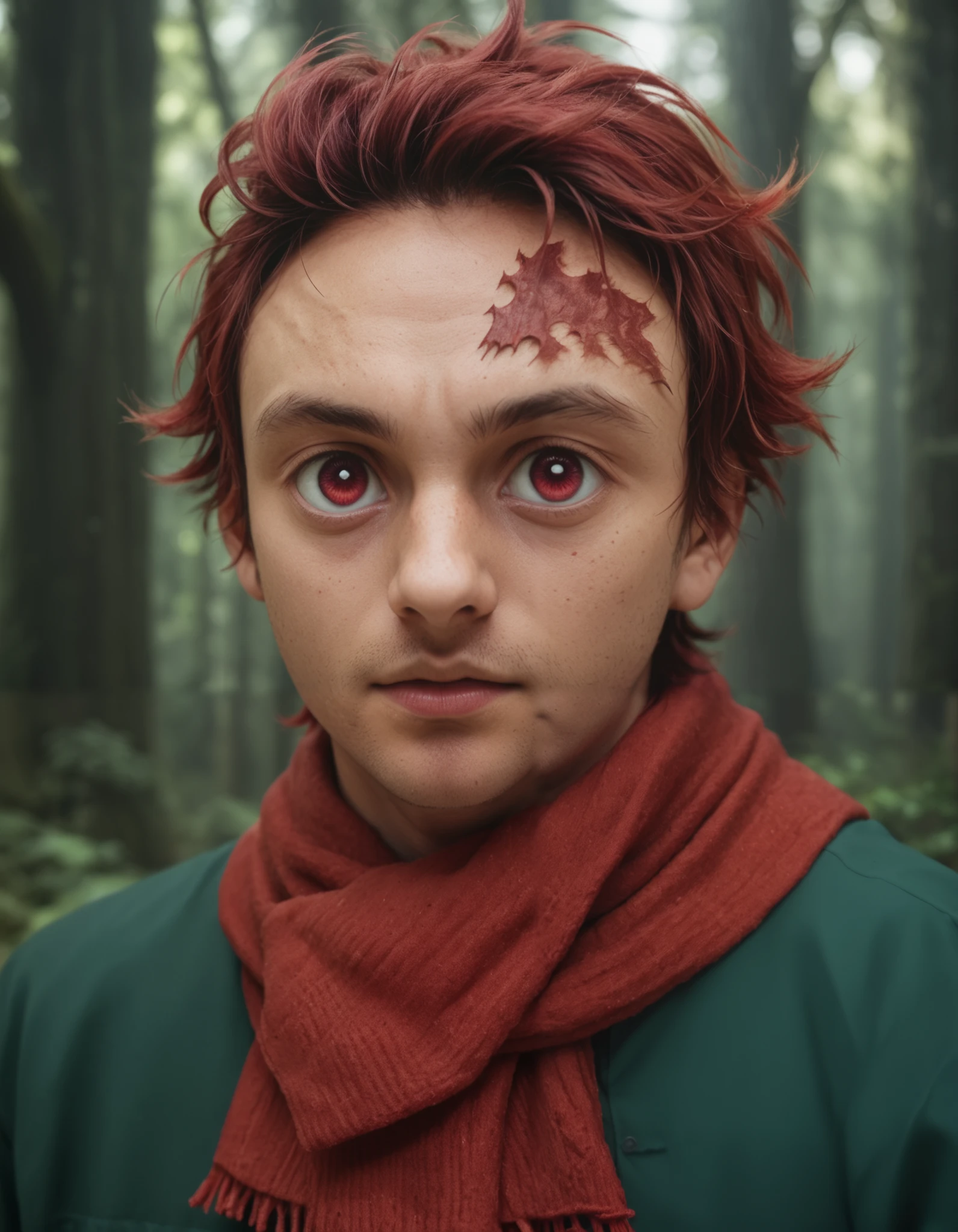 Masterpiece, hd, realistic, cosplayer, looking at viewer, upper body, , 1boy, solo, male focus, tanjirou_kamado, red hair, red eyes, short hair, , , scarf, , The Enchanted Forest, outdoor 