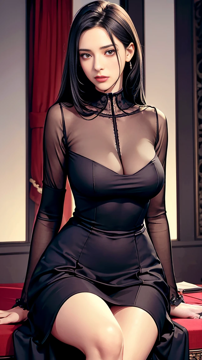 ((very beautiful and tall russian supermodel)) ((big blue eyes)) ((bright red lips)) ((pale skin)) ((luxury hairstyle black hair)) ((big breast:1.6)) ((slender body:1.3)) ((wear black dress)) ((earrings, long scarf)) ((sit on floor with seductive pose, for magazine photoshoot)) ((inside photo studio with light teflectors)) ((high definition:1.5)) ((masterpiece:1.5))((8k:1.5)) ((Best quality:1.4)), more_details:-1, more_details:0, more_details:0.5, more_details:1, more_details:1.5