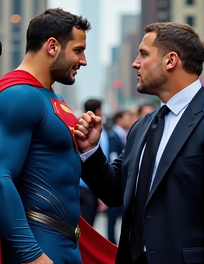 US President Trump wearing suits and looked at Superman affectionately. Trump push Superman's chest.
a muscular Nick Bosa with chiseled features, black hair, and piercing blue eyes, wearing a red and blue superhero costume with a cape, flying through the air, fist clenched, cityscape background, dramatic lighting, cinematic scene,
(best quality,4k,8k,highres,masterpiece:1.2),ultra-detailed,(realistic,photorealistic,photo-realistic:1.37),dynamic action pose,superhero fight,cinematic lighting,dramatic shadows,vivid colors,epic battle