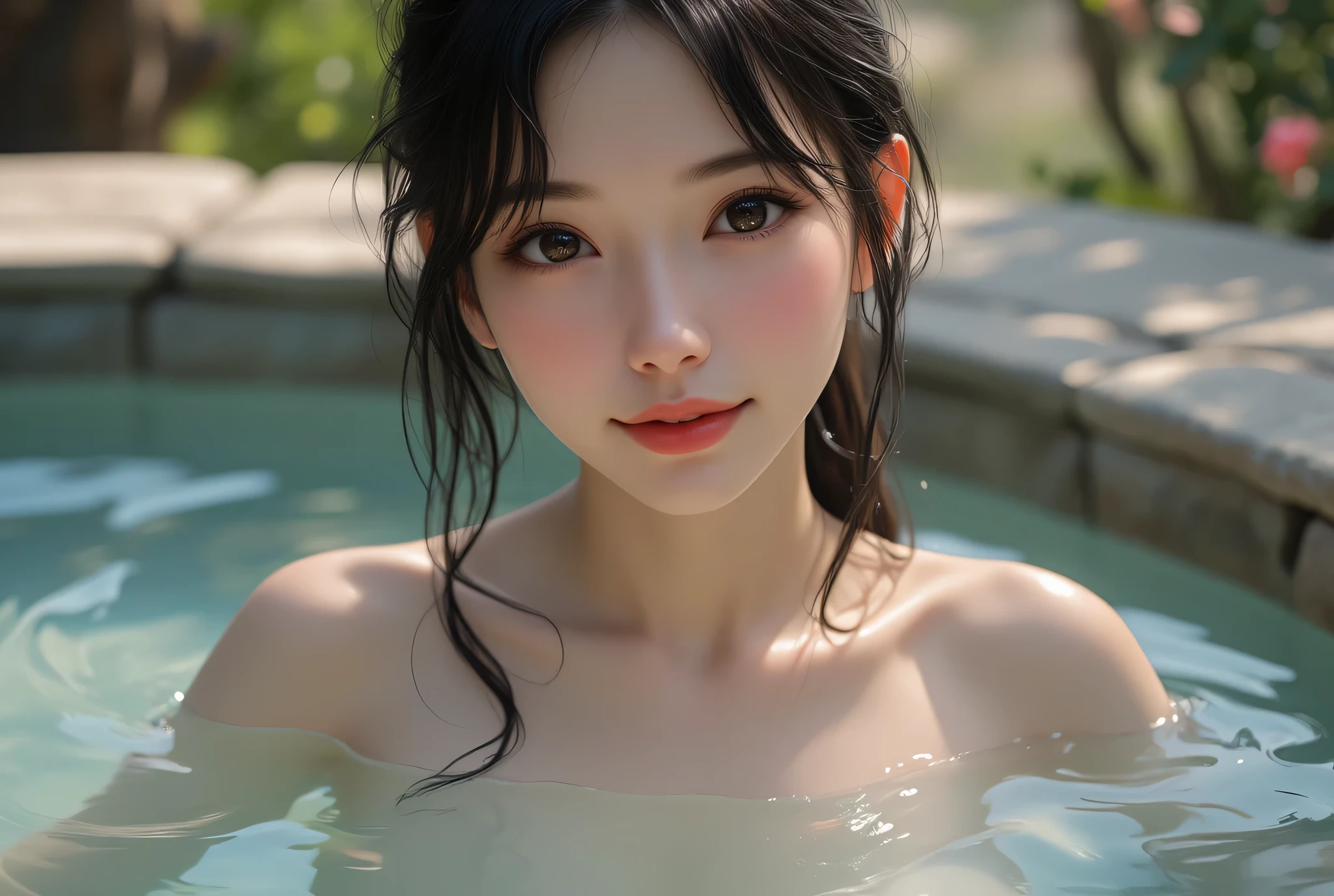 top quality, masterpiece, cinematic lighting, girl, smile, black hair, black eyes, pool, water droplets glittering on the body, waving towards me