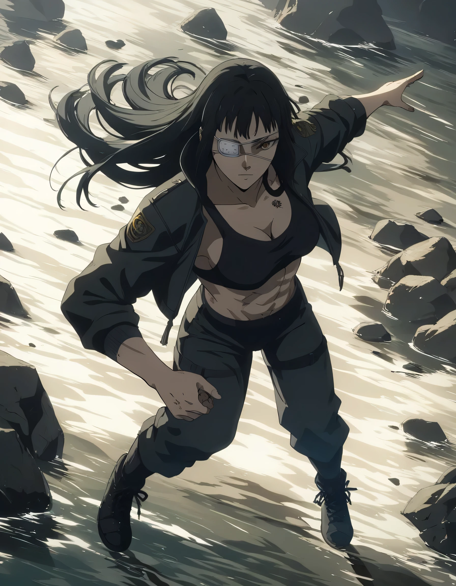 score_9, score_8_up, score_7_up,score_6_up,high resolution,source_anime,s0fiavalm3t,1girl,eyepatch,black hair,long hair,,water,rocks,volumetric lighting,rim lighting,dof,dramatic shadow,full body,dynamic pose,looking at viewer,pov,suspended in air, black sport  bra  with soldier pants,medium breasts,fighting boots,tattoos on shoulders,with jacket