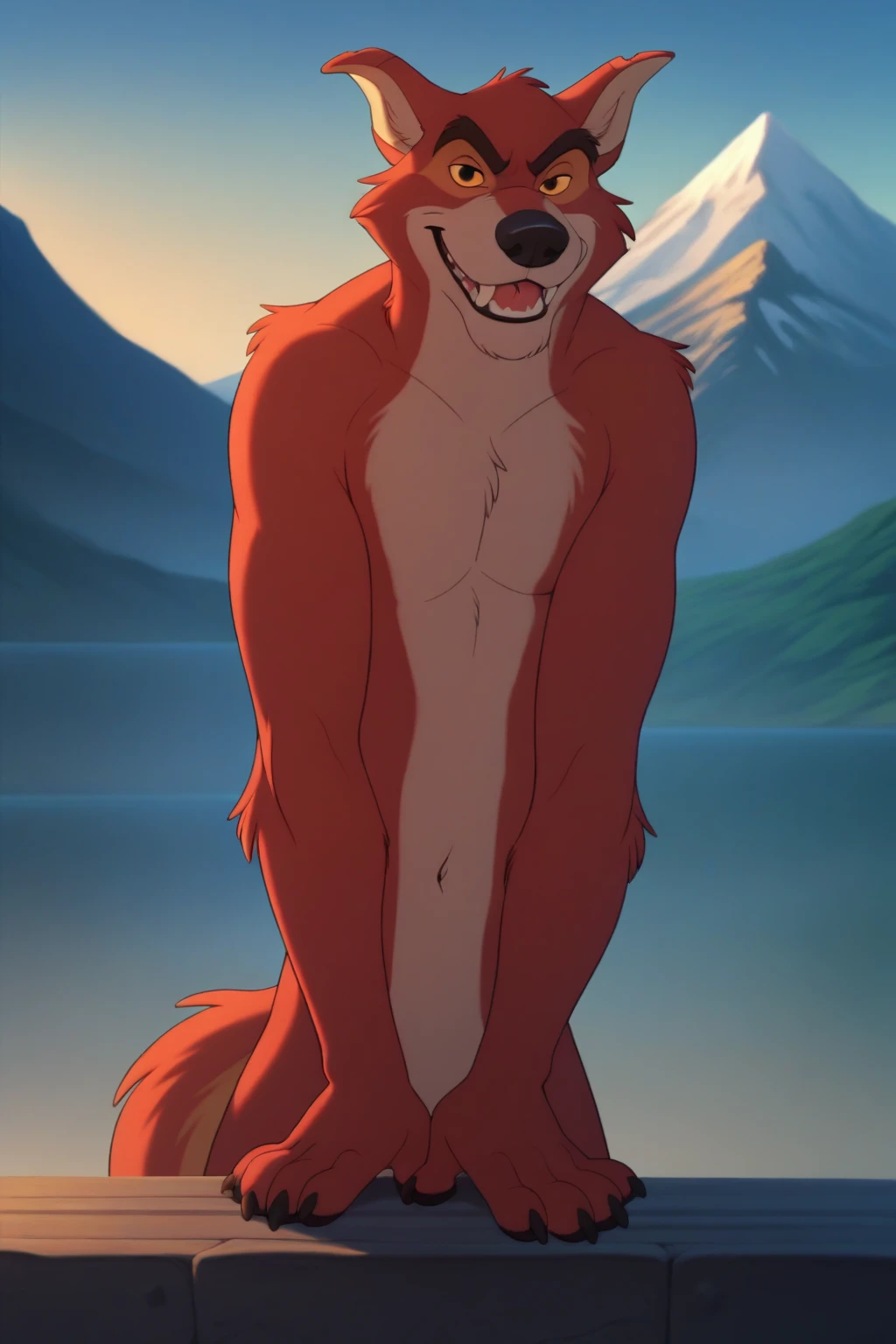 score_9, score_8_up, score_7_up, score_6_up, looking at viewer, on model,  smile, fangs, red wolf, anthro, furry, male, naked, nude, standing confident, full body, facing forward, mountain background,