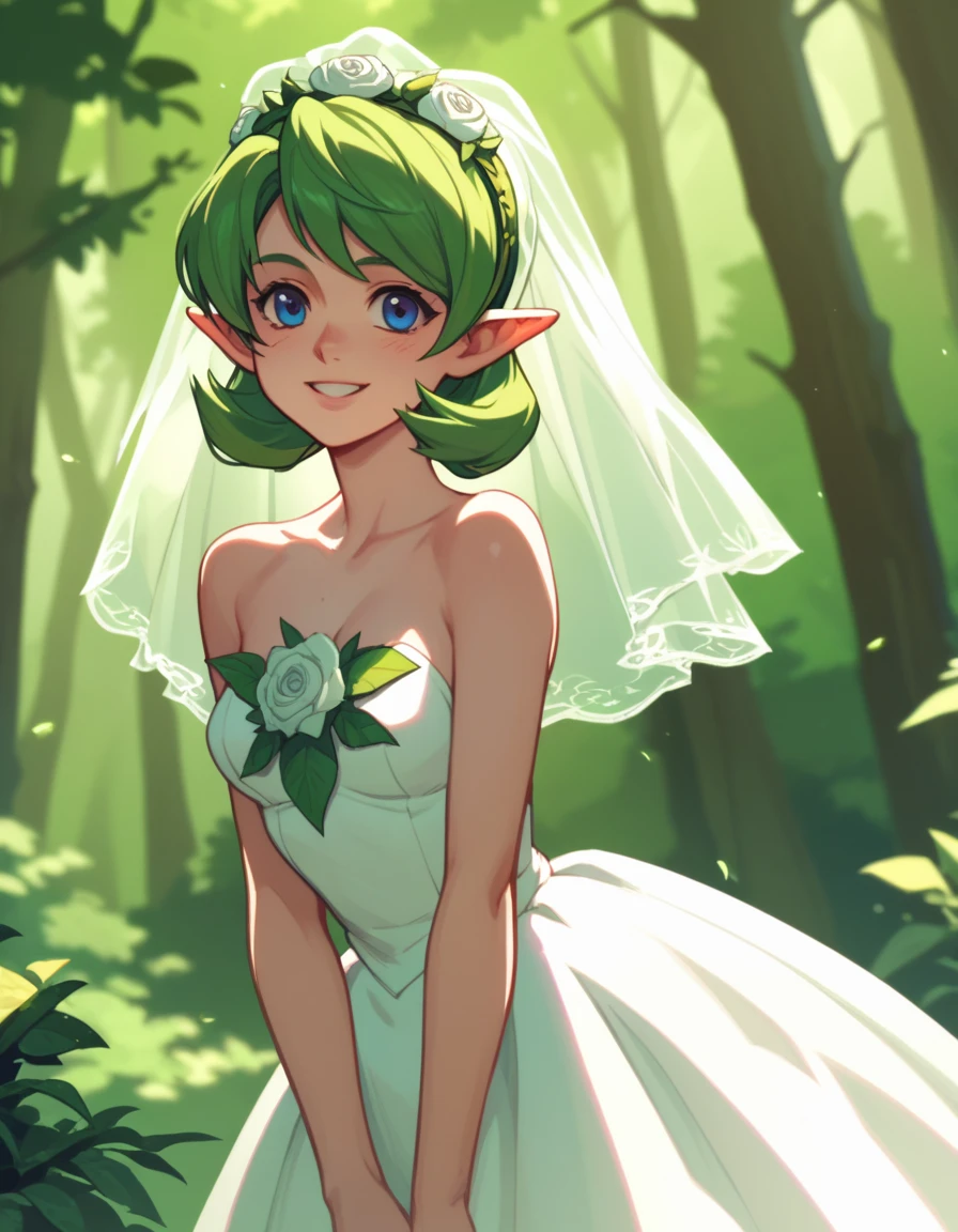 score_9,score_8,score_7,score_8_up,score_7_up,score_6_up, source_anime, anime screencap, saria, green wedding dress, 1girl, forest, smile