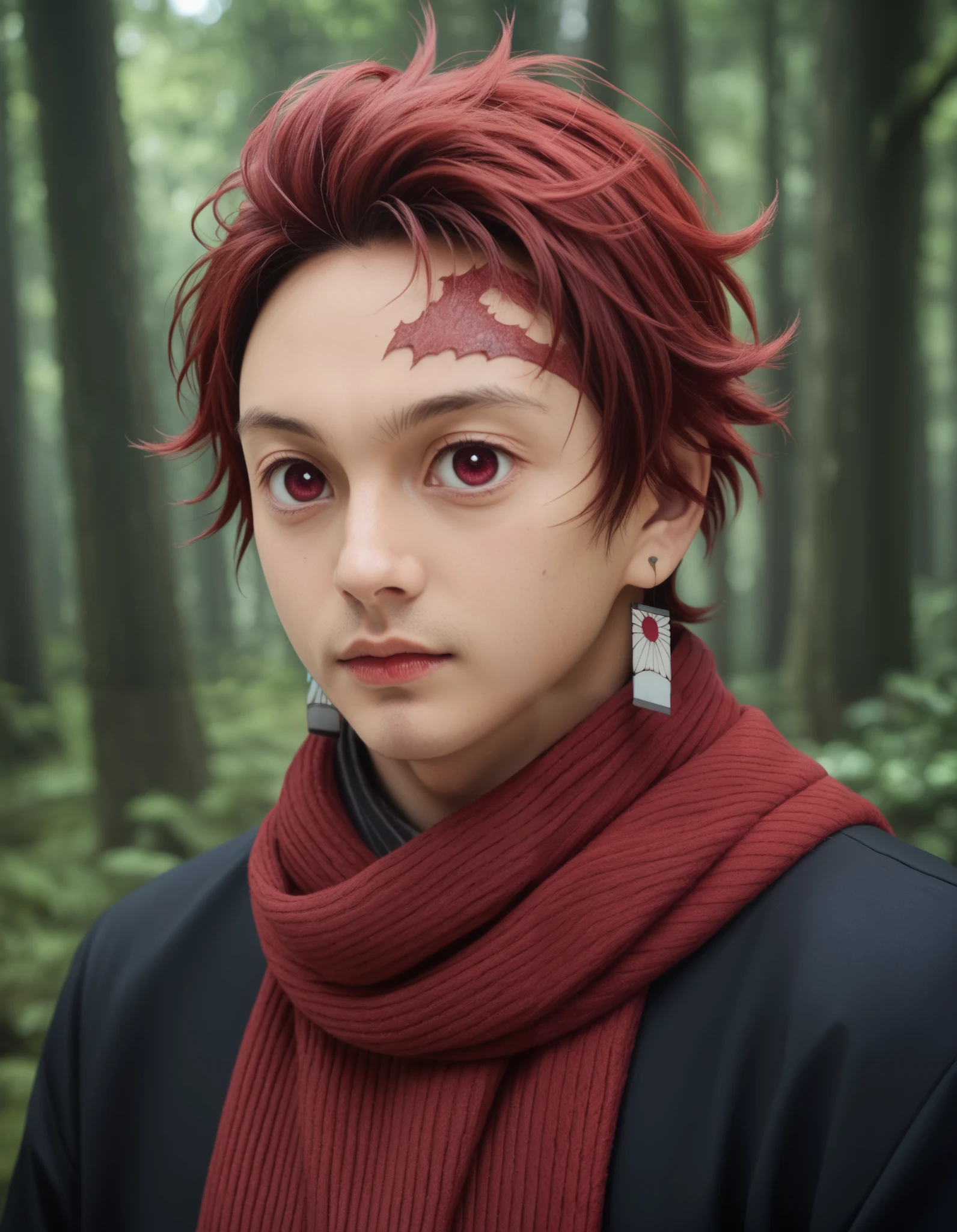 Masterpiece, hd, realistic, cosplayer, looking at viewer, upper body, , 1boy, solo, male focus, tanjirou_kamado, red hair, red eyes, short hair, , , scarf, , The Enchanted Forest, outdoor 